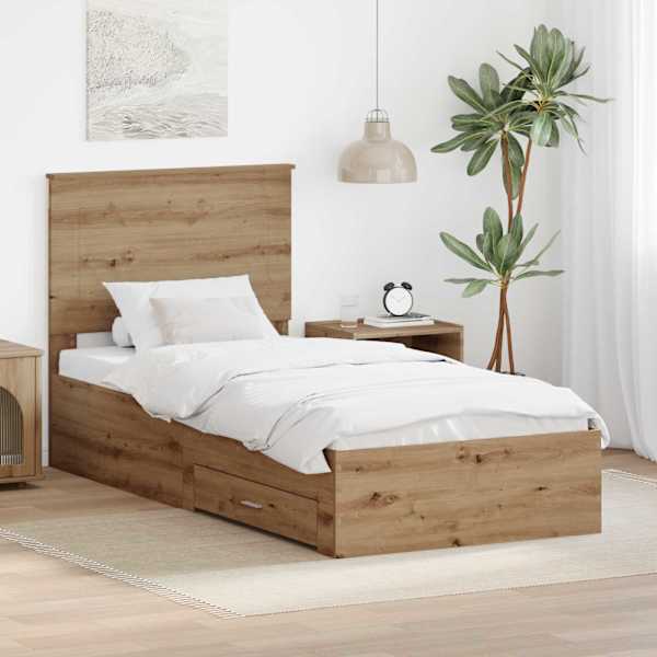 Sahtlitega voodiraam peatsiga, Artisan tamm, 90 × 200 cm, tehispuit — mudel 3409711