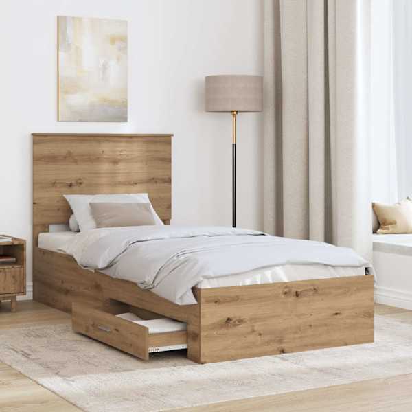 Sahtlitega voodiraam peatsiga, Artisan tamm, 90 × 200 cm, tehispuit — mudel 3409711