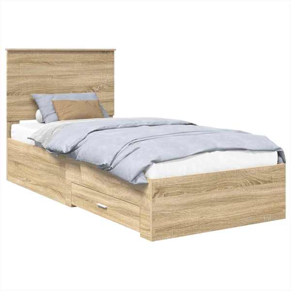 Sahtlitega voodiraam peatsiga, sonoma tamme ja hõbe, 75 × 190 cm, tehispuit — mudel 3409714
