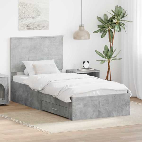 Sahtlitega voodiraam peatsiga, betoonhall ja hõbe, 75 × 190 cm, tehispuit — mudel 3409715