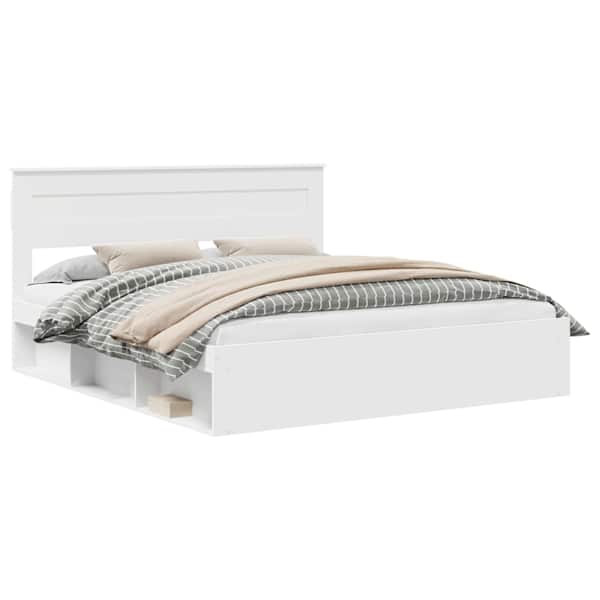 Panipaigaga voodiraam peatsiga, valge, 200 × 200 cm, männipuit — mudel 3409719