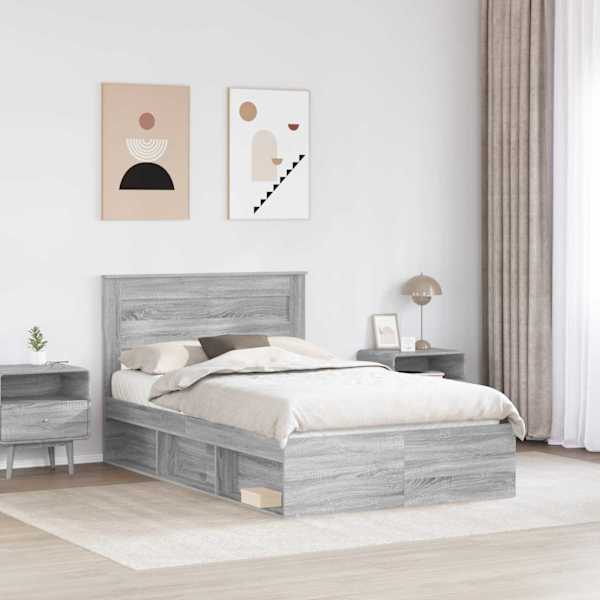 Voodiraam peatsiga, hall sonoma, 120 × 190 cm, tehispuit — mudel 3409780