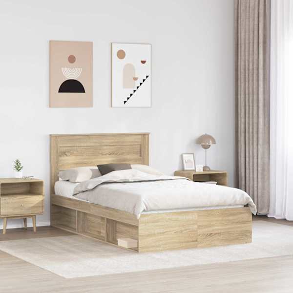 Voodiraam peatsiga, sonoma tamm, 120 × 200 cm, tehispuit — mudel 3409785