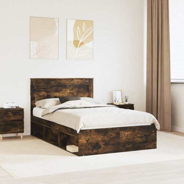 Voodiraam peatsiga, suitsutatud tamm, 120 × 200 cm, tehispuit — mudel 3409787