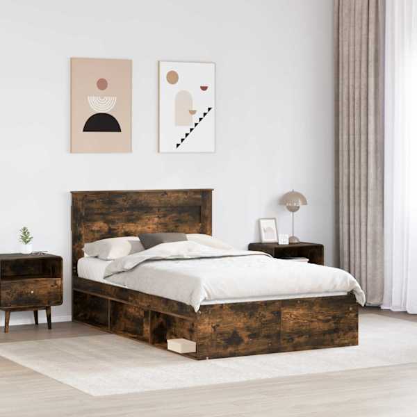 Voodiraam peatsiga, suitsutatud tamm, 120 × 200 cm, tehispuit — mudel 3409787