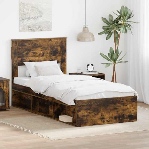 Voodiraam peatsiga, suitsutatud tamm, 100 × 200 cm, tehispuit — mudel 3409795