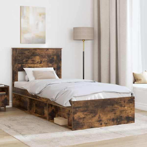 Voodiraam peatsiga, suitsutatud tamm, 100 × 200 cm, tehispuit — mudel 3409795
