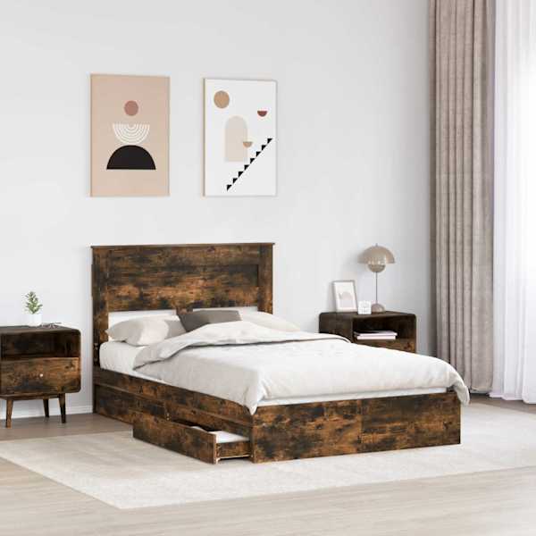 Sahtlitega voodiraam peatsiga, suitsutatud tamm, 135 × 190 cm, tehispuit — mudel 3409921