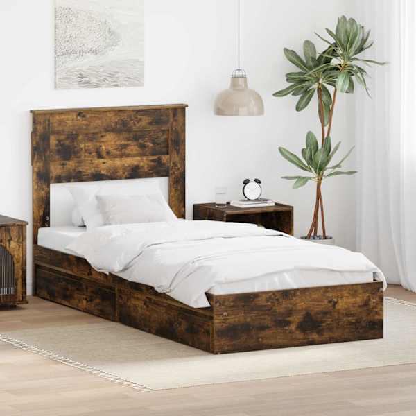 Sahtlitega voodiraam peatsiga, suitsutatud tamm, 100 × 200 cm, tehispuit — mudel 3409936