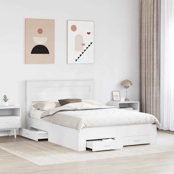 Sahtlitega voodiraam peatsiga, valge, 160 × 200 cm, tehispuit — mudel 3409966