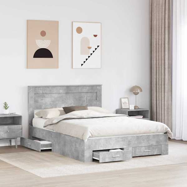 Sahtlitega voodiraam peatsiga, betoonhall, 140 × 200 cm, tehispuit — mudel 3409990