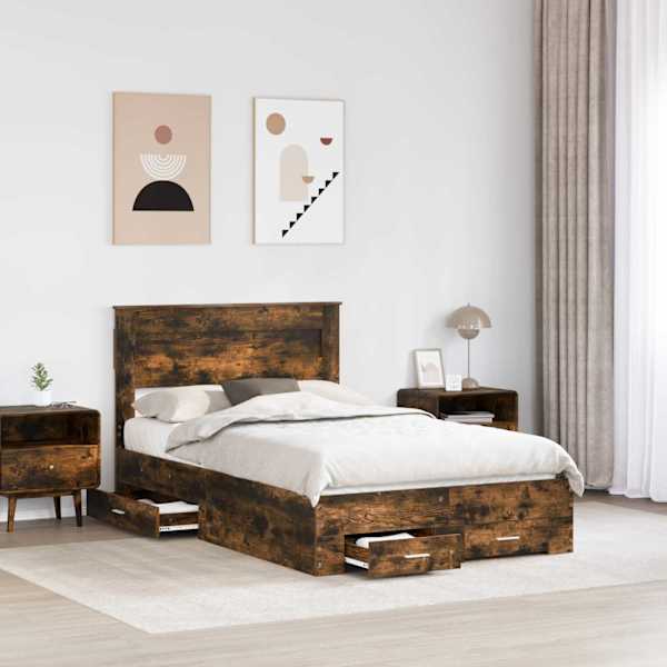 Sahtlitega voodiraam peatsiga, suitsutatud tamm, 120 × 190 cm, tehispuit — mudel 3410007