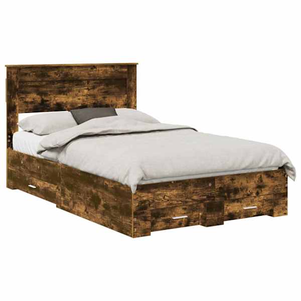 Sahtlitega voodiraam peatsiga, suitsutatud tamm, 120 × 190 cm, tehispuit — mudel 3410007
