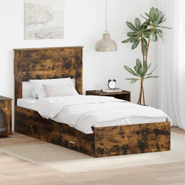 Sahtlitega voodiraam peatsiga, suitsutatud tamm, 100 × 200 cm, tehispuit — mudel 3410023