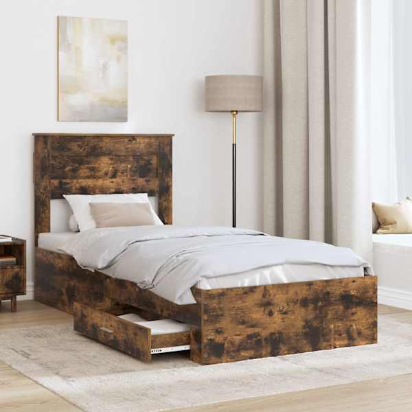 Sahtlitega voodiraam peatsiga, suitsutatud tamm, 100 × 200 cm, tehispuit — mudel 3410023