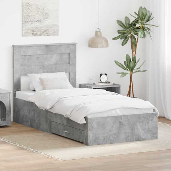 Sahtlitega voodiraam peatsiga, betoonhall, 90 × 190 cm, tehispuit — mudel 3410030