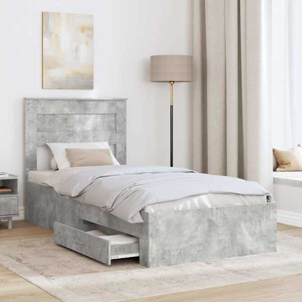 Sahtlitega voodiraam peatsiga, betoonhall, 90 × 190 cm, tehispuit — mudel 3410030