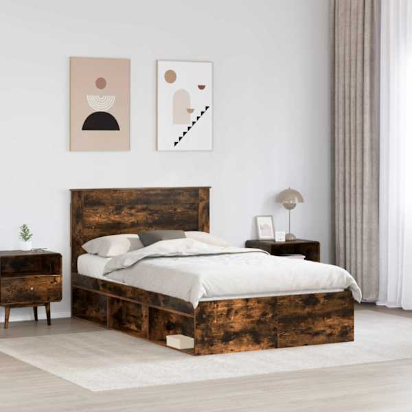 Voodiraam peatsiga, suitsutatud tamm, 120 × 200 cm, tehispuit — mudel 3410116
