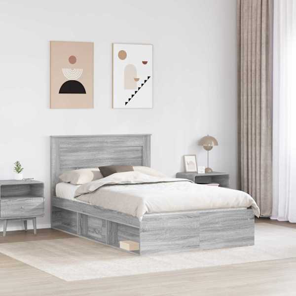 Voodiraam peatsiga, hall sonoma, 120 × 200 cm, tehispuit — mudel 3410117