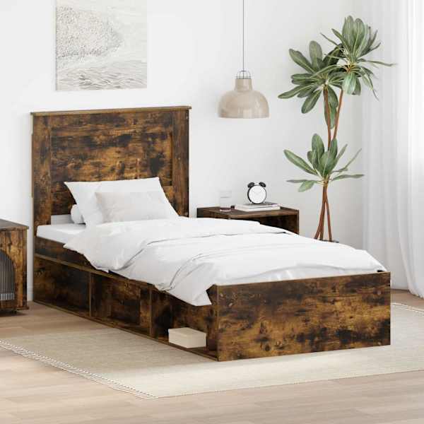 Panipaigaga voodiraam peatsiga, suitsutatud tamm, 100 × 200 cm, tehispuit — mudel 3410124