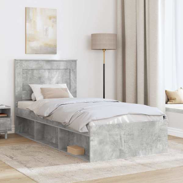 Sahtlitega voodiraam peatsiga, betoonhall, 90 × 190 cm, männipuit — mudel 3410131