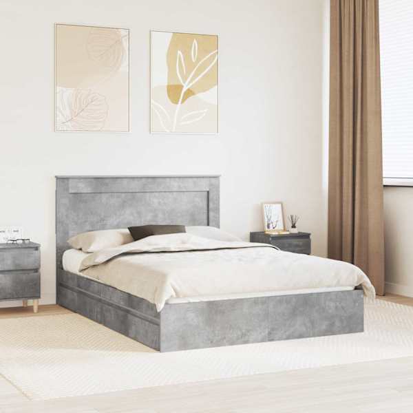 Sahtlitega voodiraam peatsiga, betoonhall, 150 × 200 cm, tehispuit — mudel 3410236