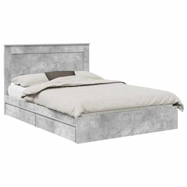 Sahtlitega voodiraam peatsiga, betoonhall, 150 × 200 cm, tehispuit — mudel 3410236