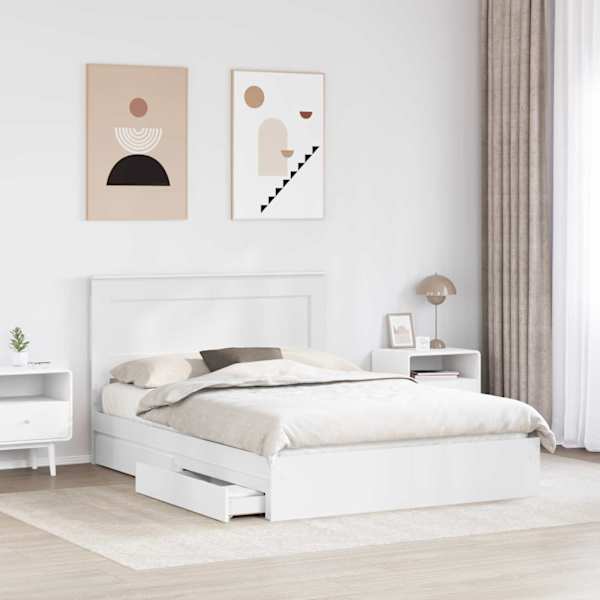 Sahtlitega voodiraam peatsiga, valge, 140 × 190 cm, tehispuit — mudel 3410239