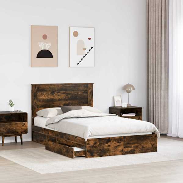Sahtlitega voodiraam peatsiga, suitsutatud tamm, 135 × 190 cm, tehispuit — mudel 3410252