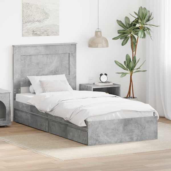 Sahtlitega voodiraam peatsiga, betoonhall, 90 × 190 cm, tehispuit — mudel 3410271