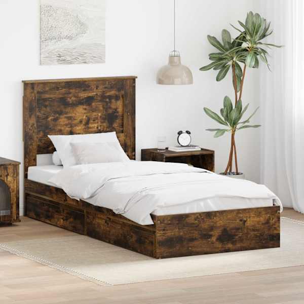 Sahtlitega voodiraam peatsiga, suitsutatud tamm, 90 × 190 cm, tehispuit — mudel 3410272