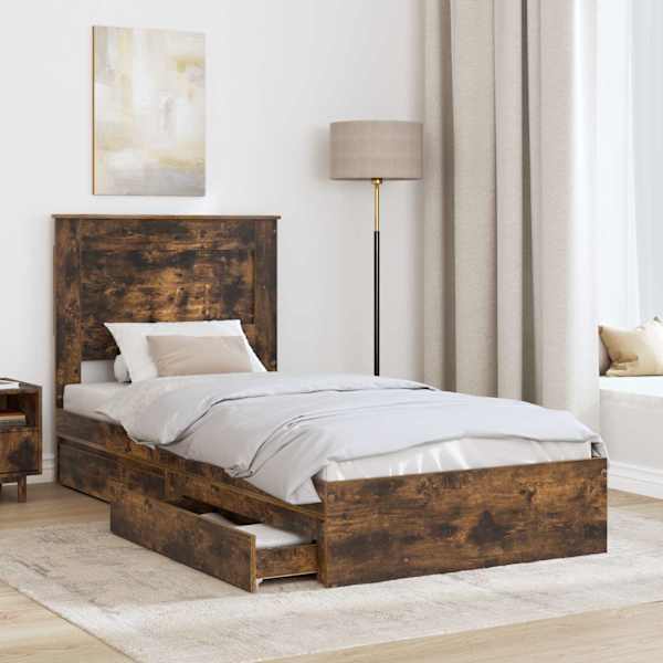 Sahtlitega voodiraam peatsiga, suitsutatud tamm, 90 × 190 cm, tehispuit — mudel 3410272