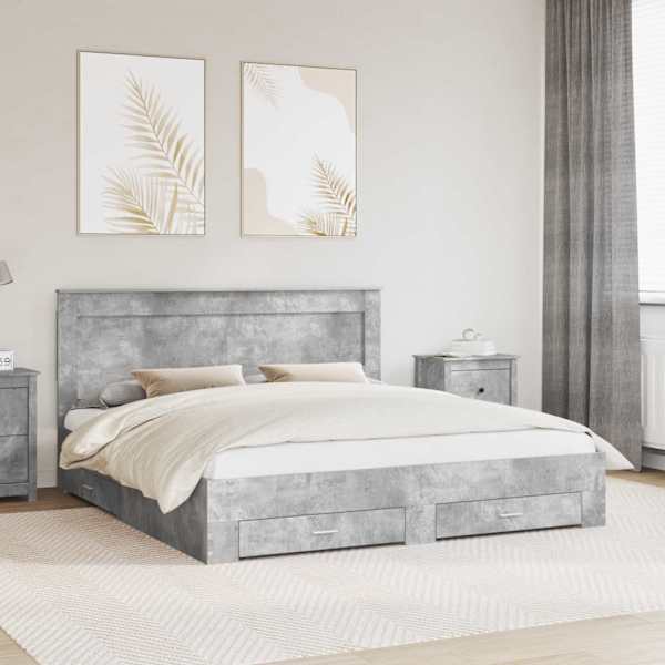 Sahtlitega voodiraam peatsiga, betoonhall, 180 × 200 cm, tehispuit — mudel 3410292