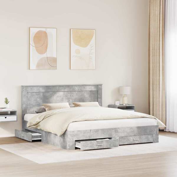 Sahtlitega voodiraam peatsiga, betoonhall, 180 × 200 cm, tehispuit — mudel 3410292