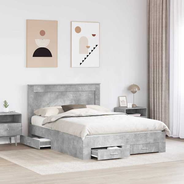 Sahtlitega voodiraam peatsiga, betoonhall, 160 × 200 cm, tehispuit — mudel 3410300