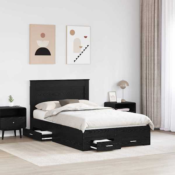 Sahtlitega voodiraam peatsiga, must tamm, 120 × 190 cm, tehispuit — mudel 3410335