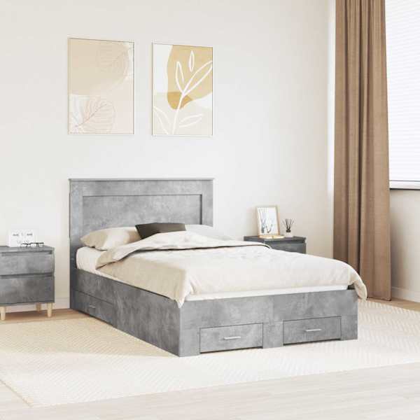 Sahtlitega voodiraam peatsiga, betoonhall, 120 × 190 cm, tehispuit — mudel 3410337