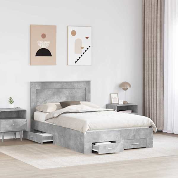 Sahtlitega voodiraam peatsiga, betoonhall, 120 × 190 cm, tehispuit — mudel 3410337