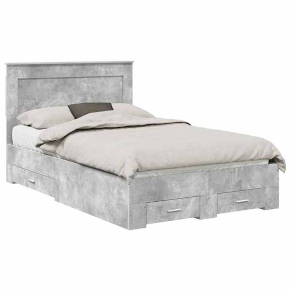 Sahtlitega voodiraam peatsiga, betoonhall, 120 × 190 cm, tehispuit — mudel 3410337