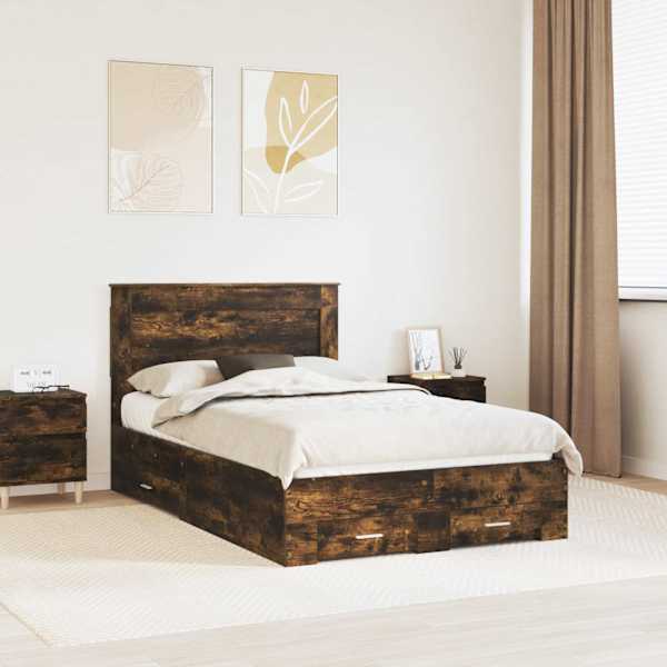 Sahtlitega voodiraam peatsiga, suitsutatud tamm, 120 × 190 cm, tehispuit — mudel 3410338