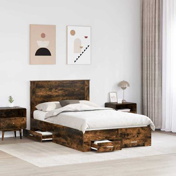 Sahtlitega voodiraam peatsiga, suitsutatud tamm, 120 × 190 cm, tehispuit — mudel 3410338