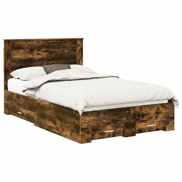 Sahtlitega voodiraam peatsiga, suitsutatud tamm, 120 × 190 cm, tehispuit — mudel 3410338