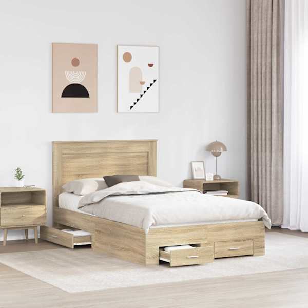 Sahtlitega voodiraam peatsiga, sonoma tamm, 120 × 200 cm, tehispuit — mudel 3410344