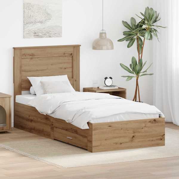Sahtlitega voodiraam peatsiga, Artisan tamm, 100 × 200 cm, tehispuit — mudel 3410357