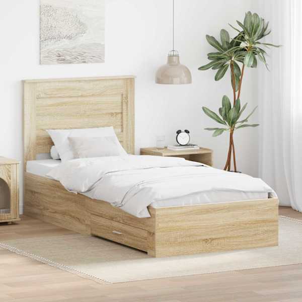 Sahtlitega voodiraam peatsiga, sonoma tamme ja hõbe, 75 × 190 cm, tehispuit — mudel 3410375