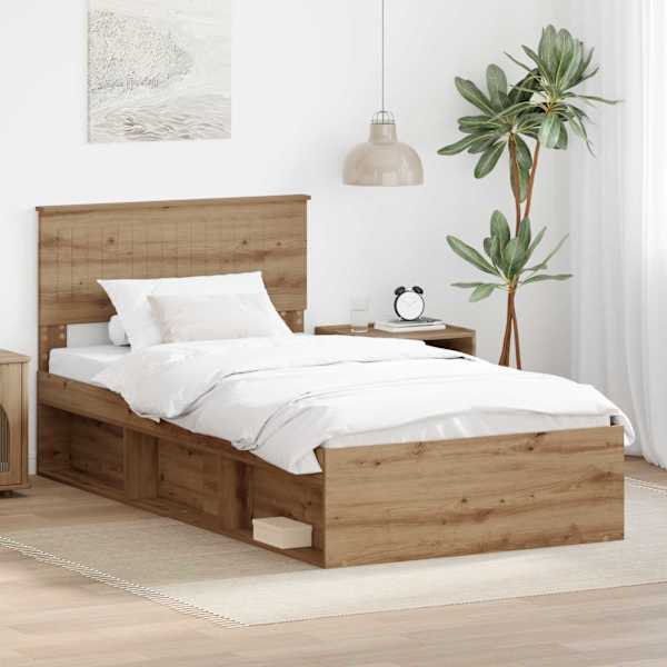 Voodiraam peatsiga, artisan tamm, 100 × 200 cm, männipuit — mudel 3410644