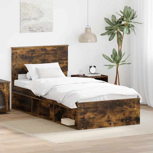 Voodiraam peatsiga, suitsutatud tamm, 90 × 190 cm, männipuit — mudel 3410658