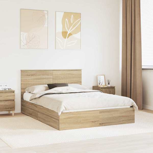 Sahtlitega voodiraam peatsiga, sonoma tamm, 140 × 200 cm, tehispuit — mudel 3410793