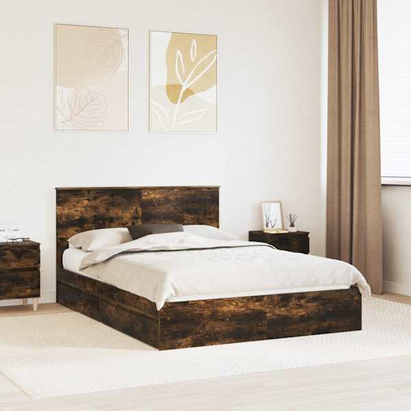 Sahtlitega voodiraam peatsiga, suitsutatud tamm, 135 × 190 cm, tehispuit — mudel 3410809