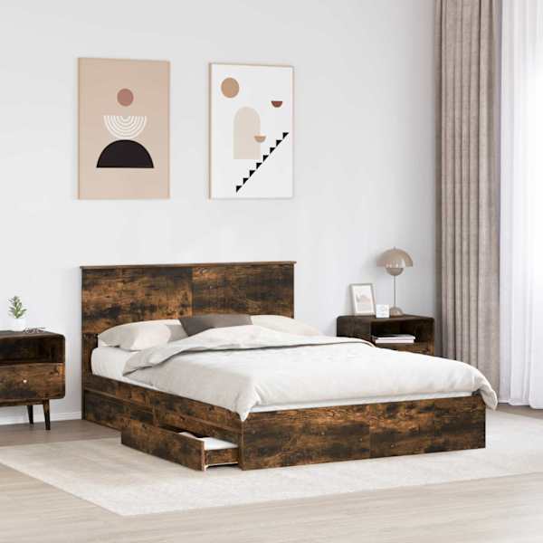 Sahtlitega voodiraam peatsiga, suitsutatud tamm, 135 × 190 cm, tehispuit — mudel 3410809